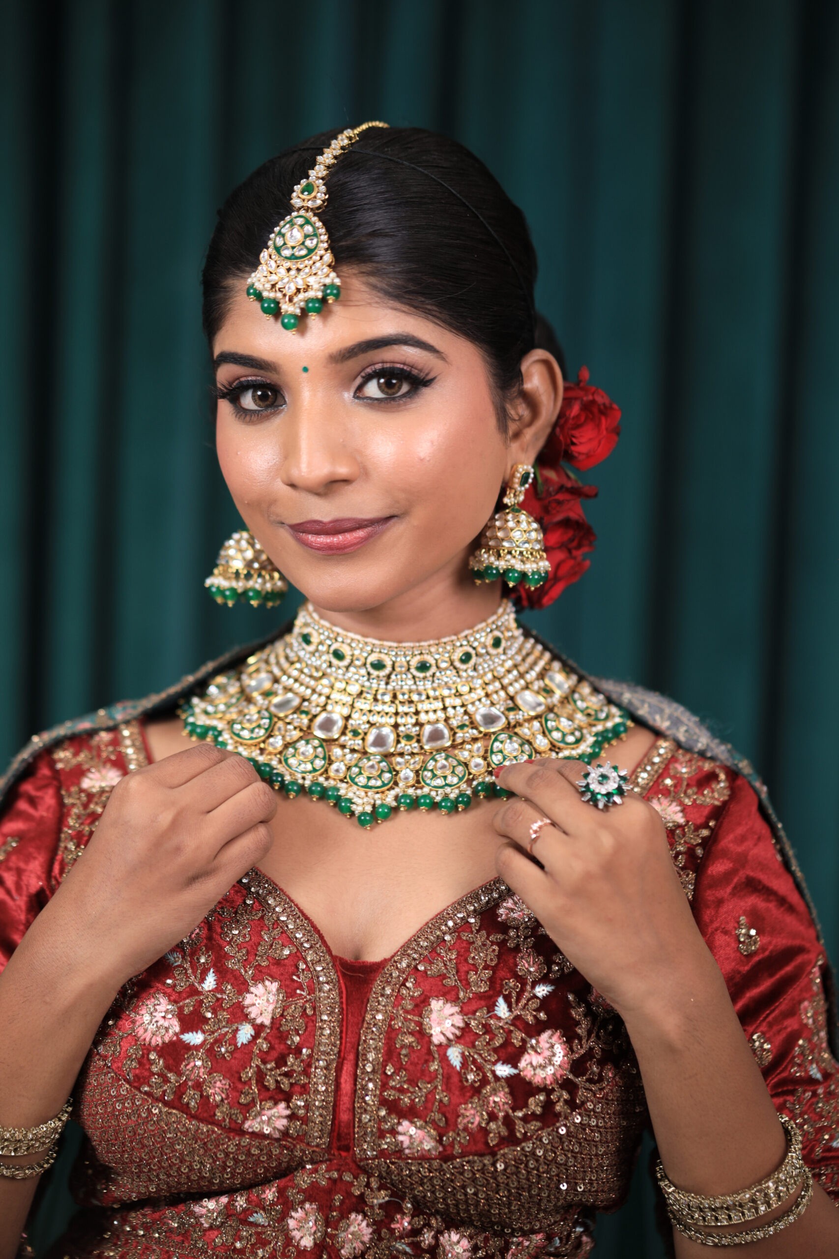 1001503166-scaled-1.jpg Green Kundan Necklace Set For Rent - Image 1