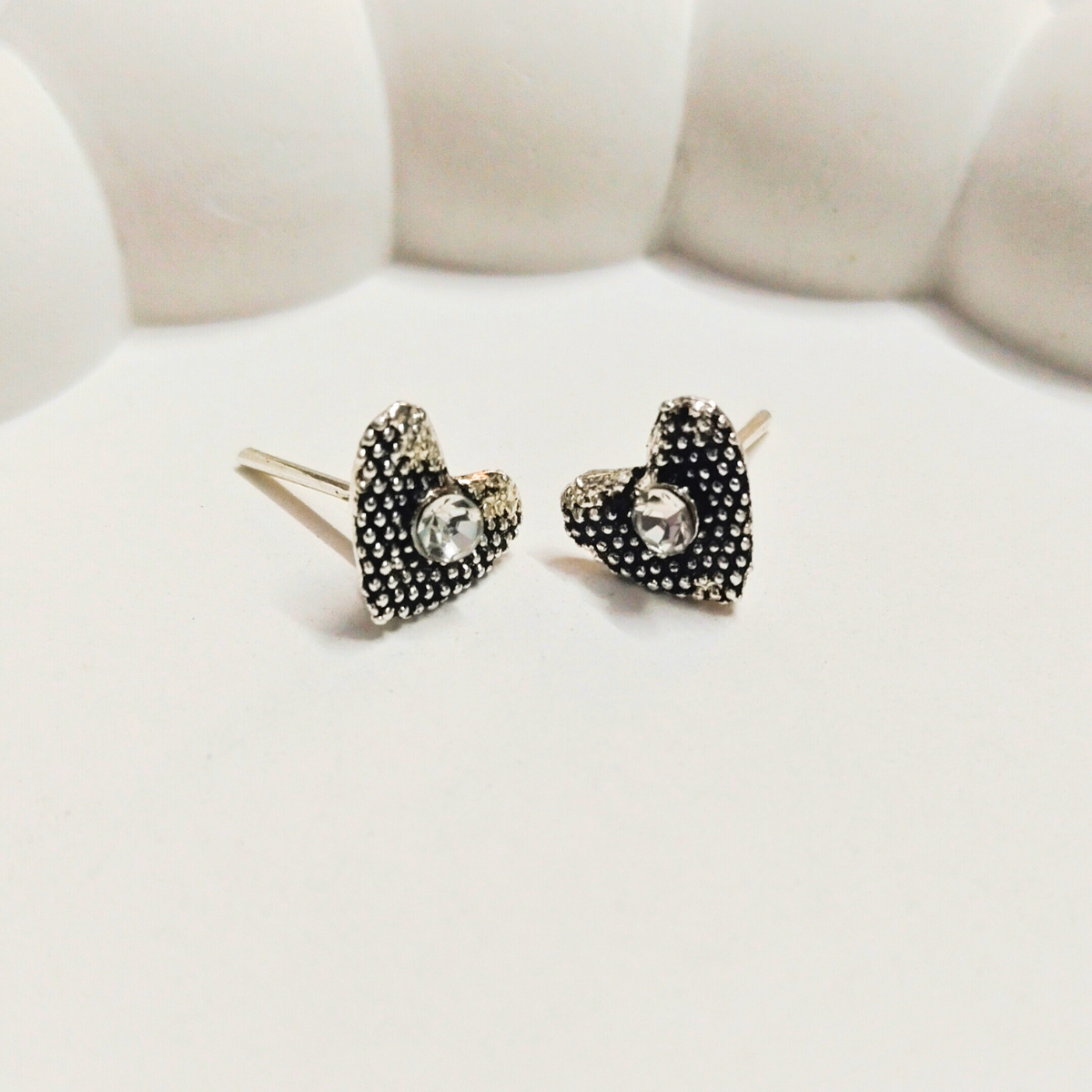 Antique-7.png Antique Heart Stud Earrings – Vintage Silver with Crystal Accent - Image 1