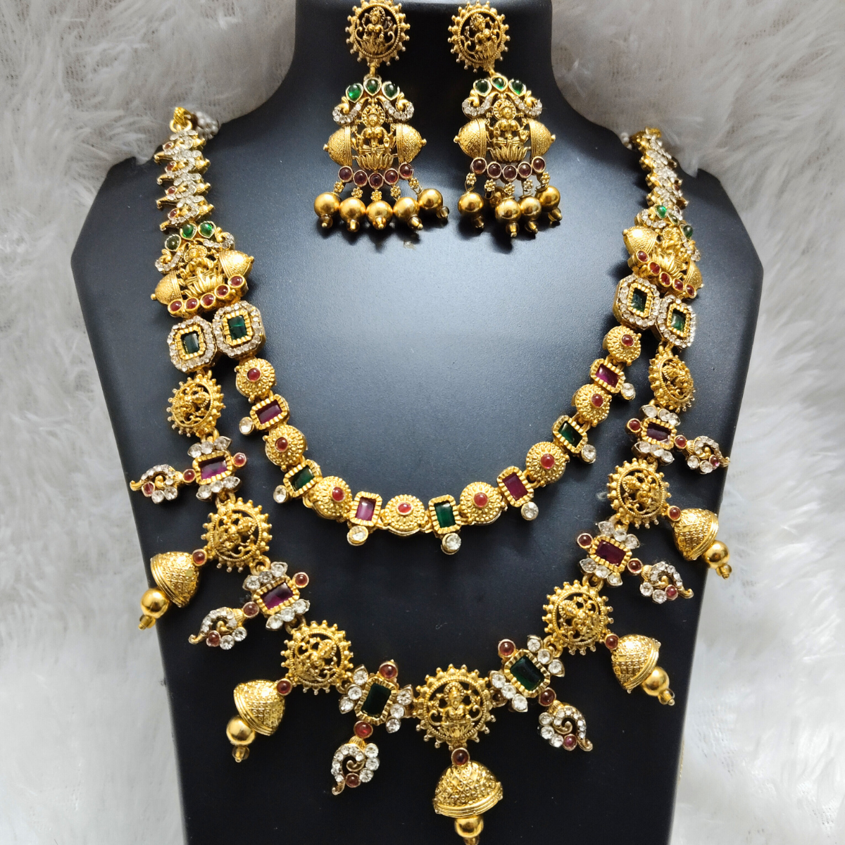 Double-Layered-haram.png Double Layered Bridal Temple Haram Necklace Set - Image 1