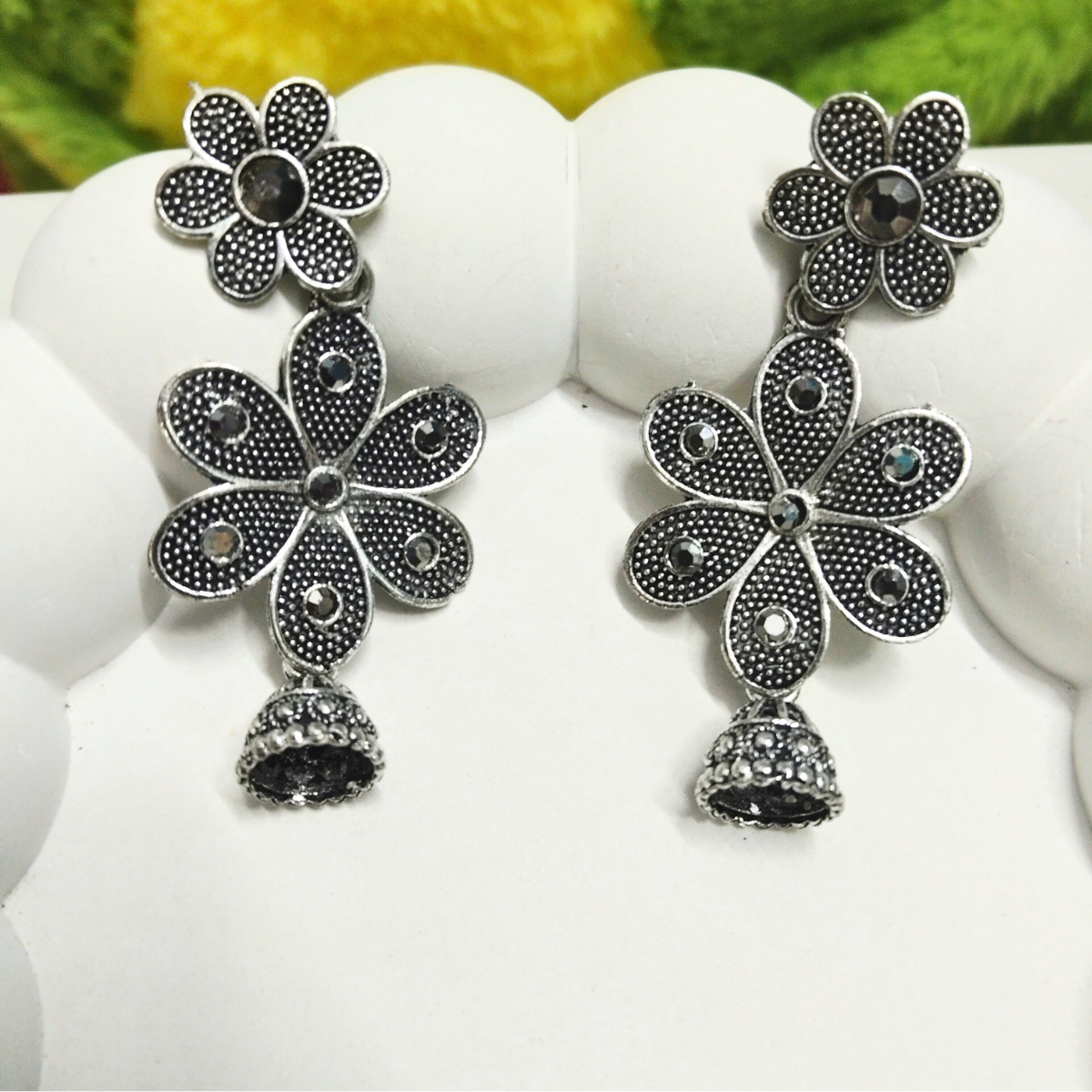 Floral.png Oxidized Silver Floral Jhumka Earrings - Image 1