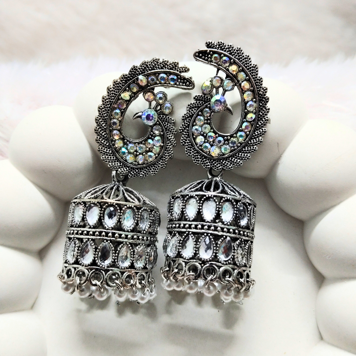 Oxidized-jhumka-earrings.png Peacock Head Oxidized Jhumka Earrings - Image 1