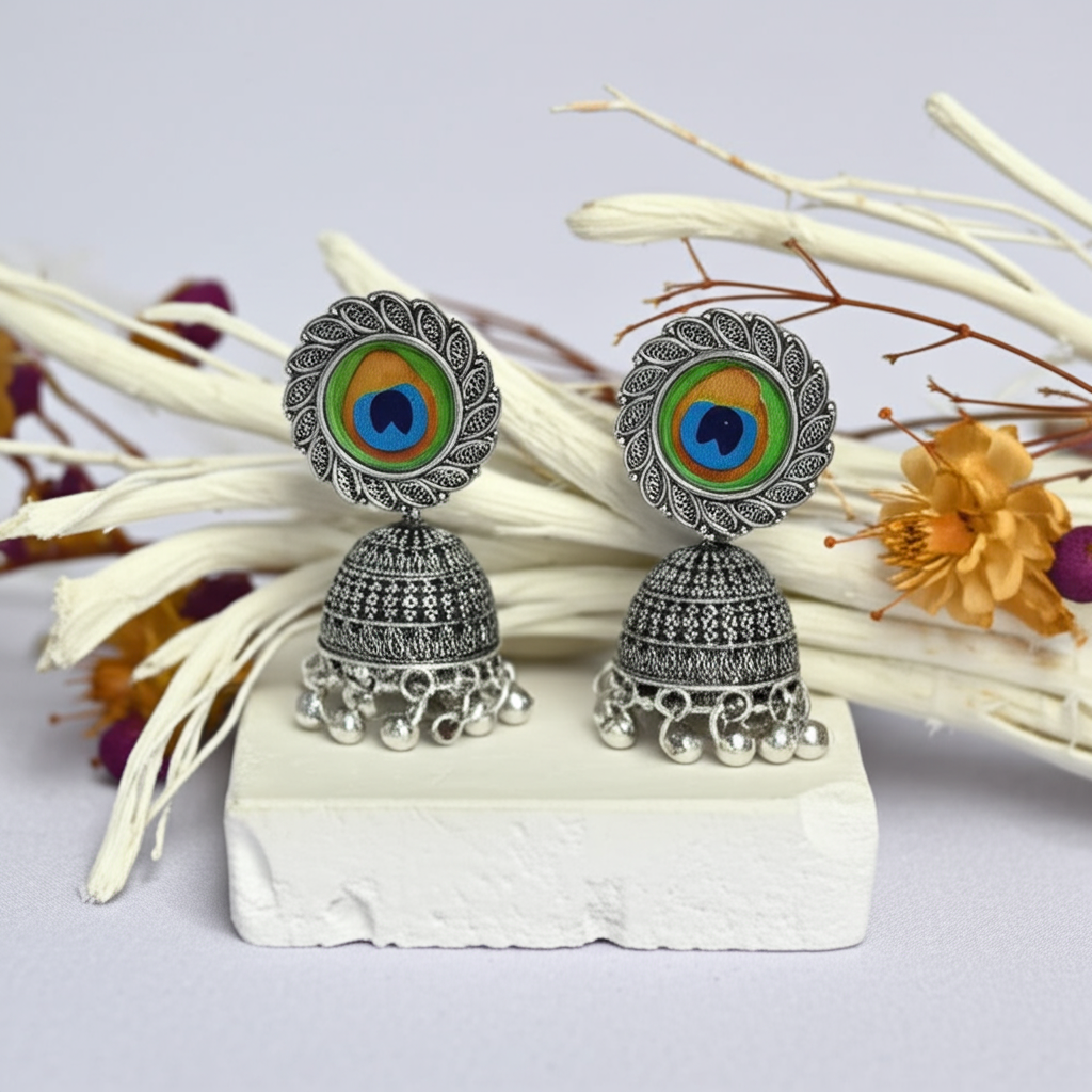 output-1-14.png Peacock Feather Oxidized Jhumka Earrings - Image 1